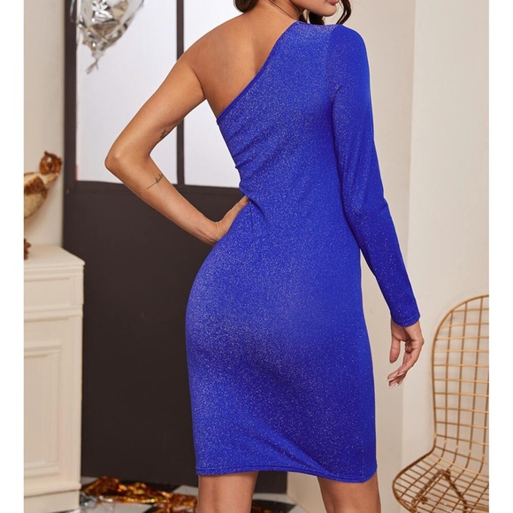 Royal Blue Glitter One Shoulder Bodycon Sexy Dress - Picture 2 of 5